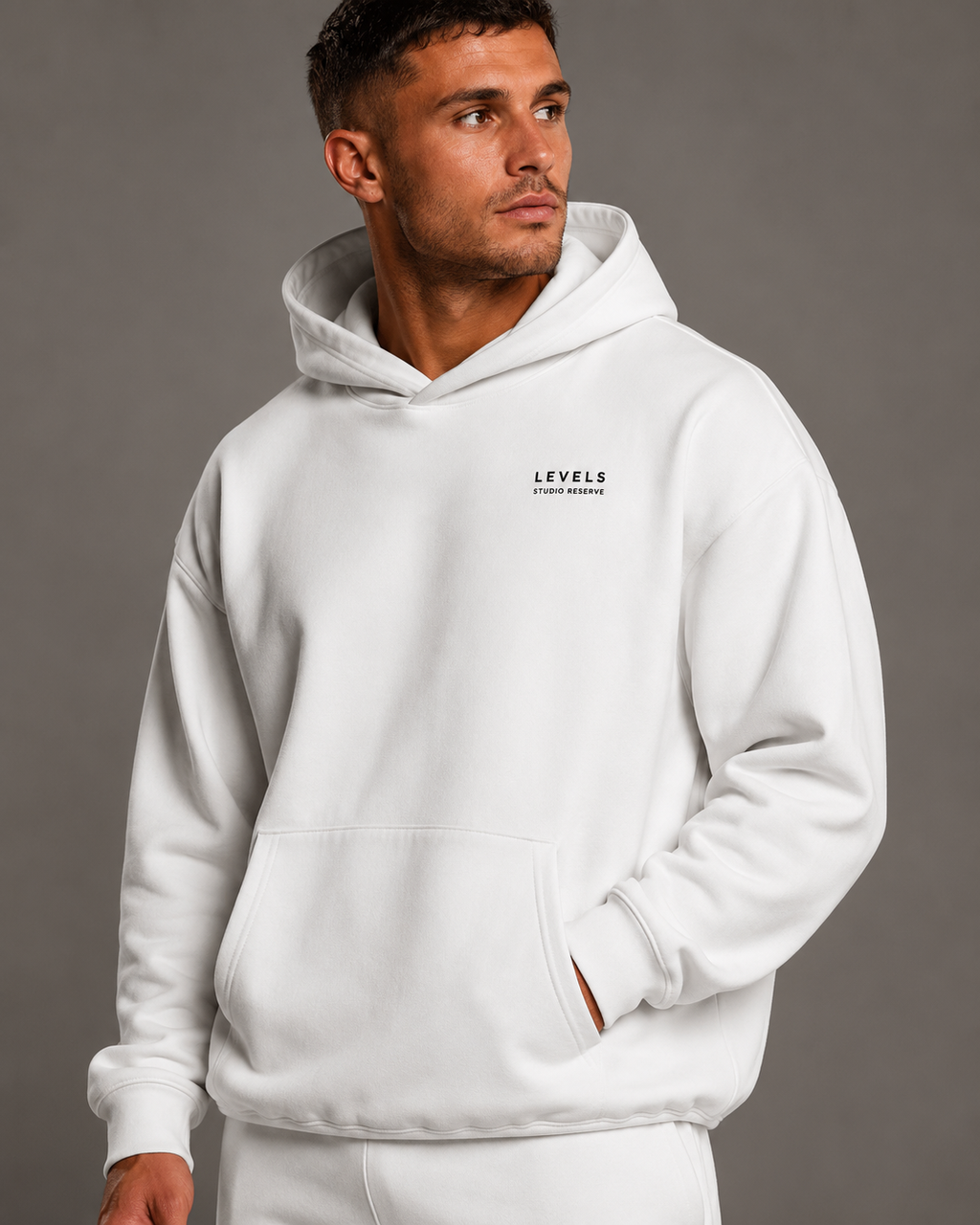 Studio Reserve Fleece Hoodie – Light Grey, & White