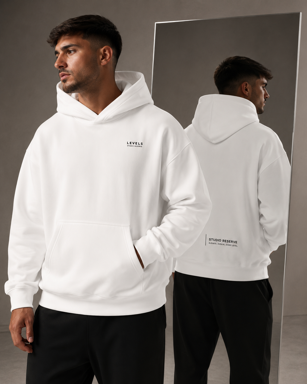 Studio Reserve Fleece Hoodie – Light Grey, & White